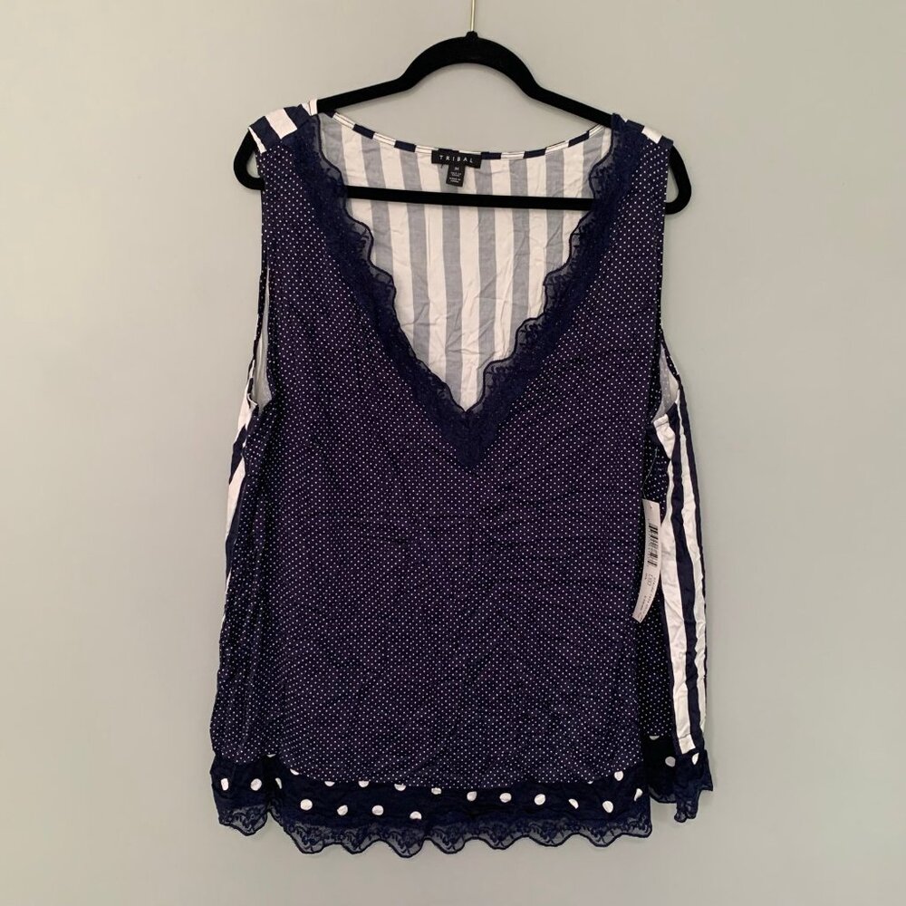 NEW Tribal Womens 3X Navy Polka Dot Striped Lace Trim V-Neck Sleeveless Top